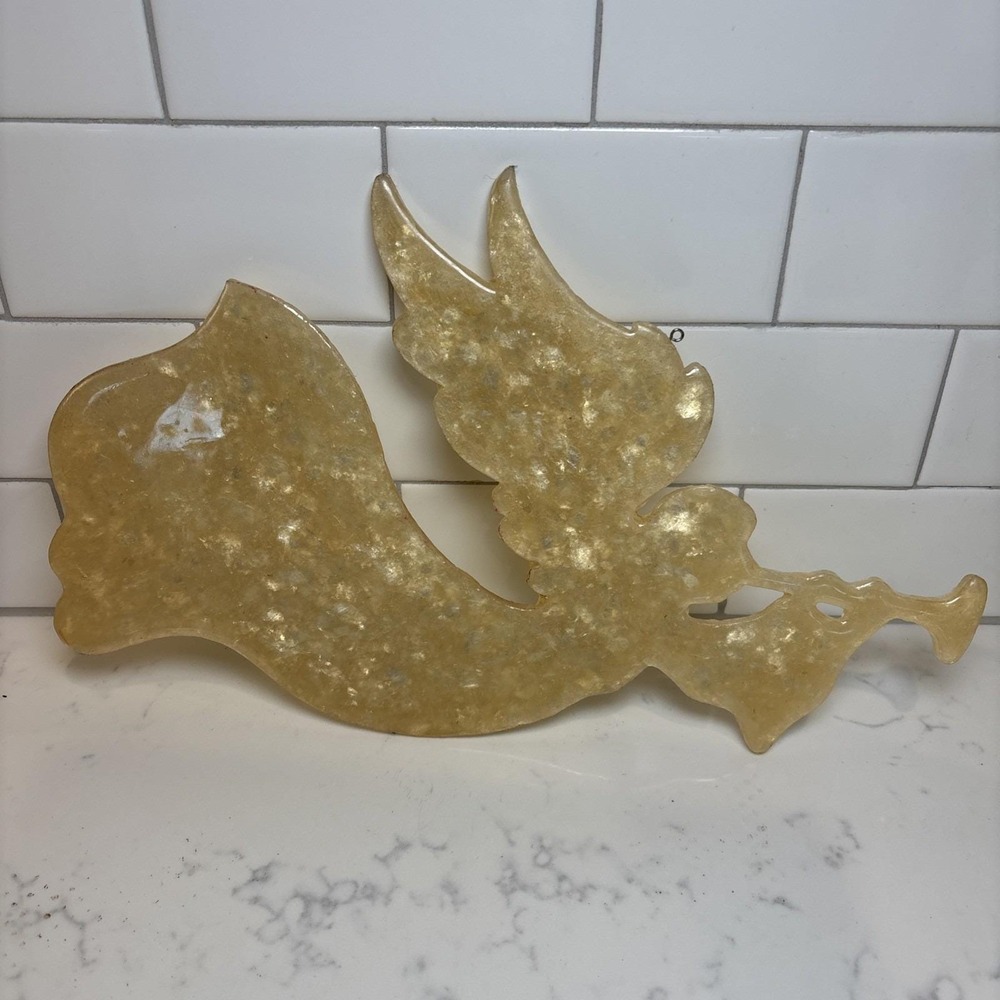 VTG Lucite(?) Bakelite Angel Decorative Hanging Angel Playing Horn Gold Shimmer